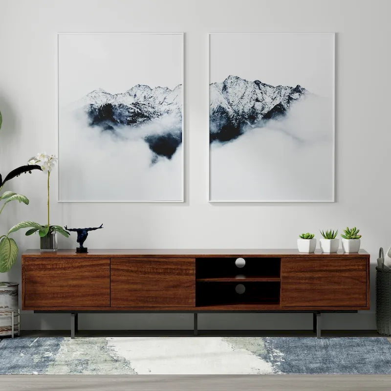 Meuble TV bas Mid-Century Modern – Chêne blanc / Blanc / Taupe / Noir / Gris / Jade / Noyer | Montage par 1 à 2 personnes