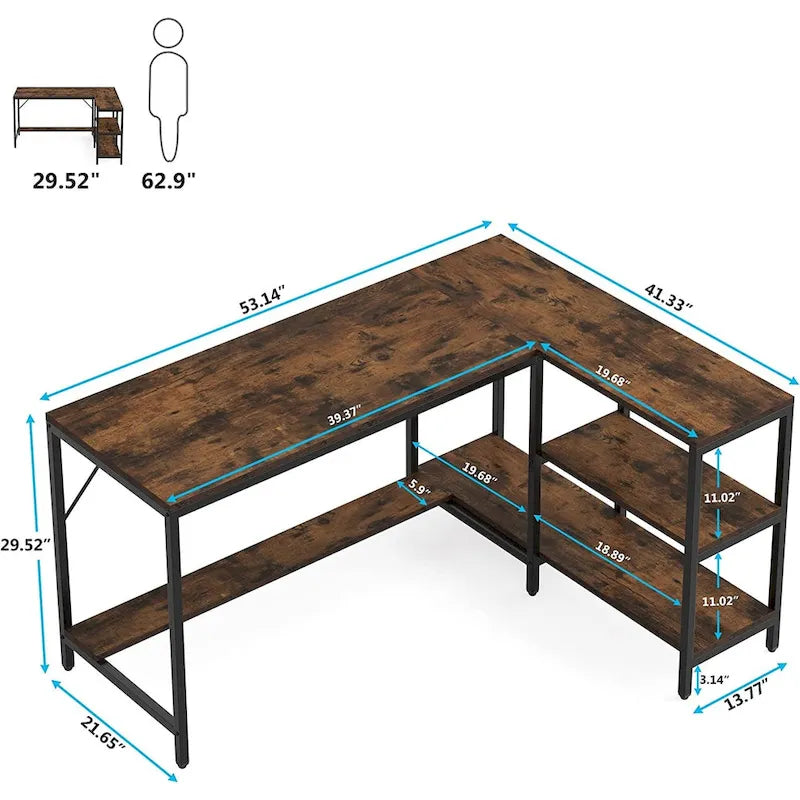 Bureau d'angle en L avec huche et étagères de rangement – Marron, 1 personne