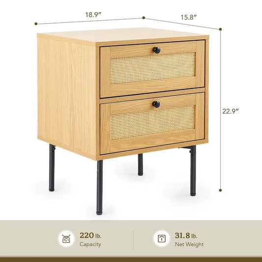 Table de chevet 2 tiroirs en rotin et bois naturel (montage par 1 personne)
