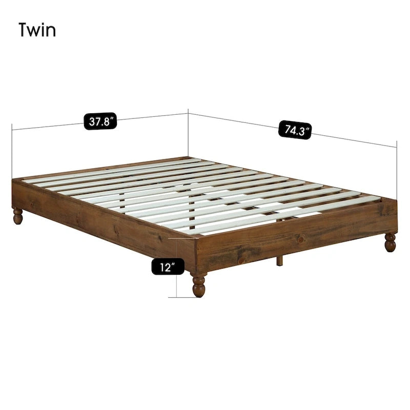 Cadre de lit plateforme en pin massif naturel, style rustique, pour 1-2 personnes