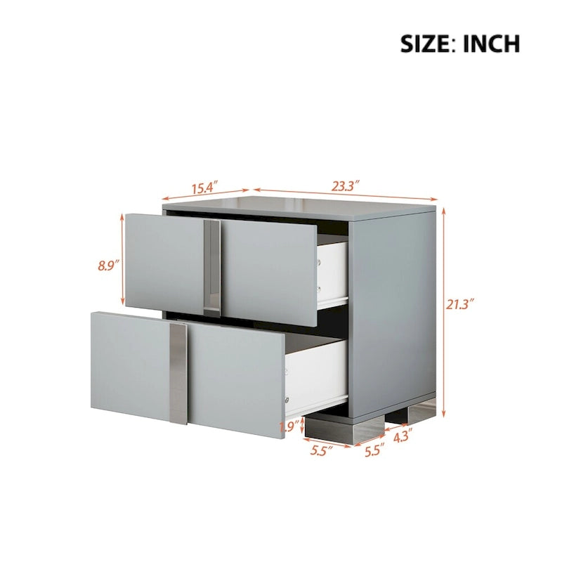 Table de chevet effet miroir avec 2 tiroirs | Gris et blanc | Pieds en métal | Usage unique