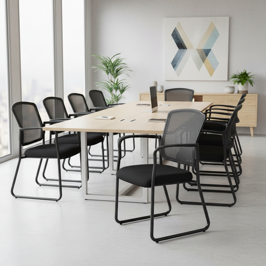 Chaise visiteur à dossier en maille noire, avec piétement luge et accoudoirs, lot de 2
