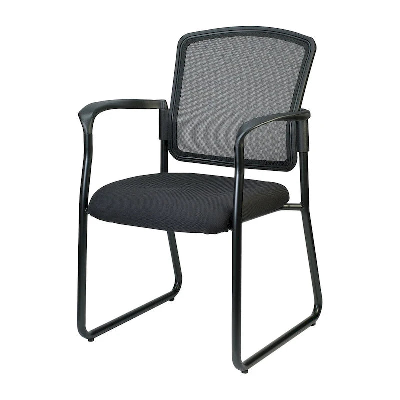 Chaise visiteur à dossier en maille noire, avec piétement luge et accoudoirs, lot de 2