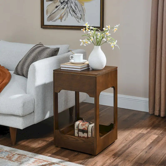 Table d'appoint relevable en noyer – Style moderne du milieu du siècle, pour 1 personne, avec étagère de rangement