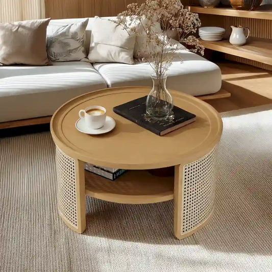 Table basse ronde à 2 niveaux en bois et rotin – Naturel / Noyer, Utilisation salon