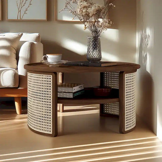 Table basse ronde à 2 niveaux en bois et rotin – Naturel / Noyer, Utilisation salon