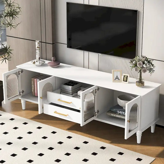 Meuble TV Rétro avec Portes en Verre Canelé et Rangement – Blanc / Noir, Convient aux TV jusqu'à 75"