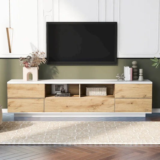 Meuble TV moderne – Convient aux téléviseurs jusqu'à 80 po, Rangement dissimulé, Naturel / Blanc