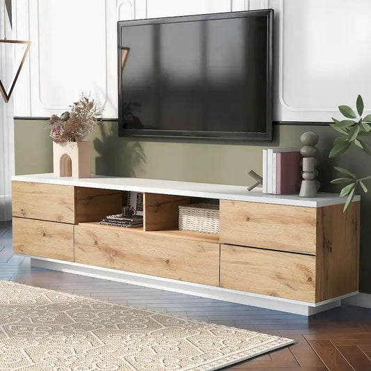 Meuble TV moderne – Convient aux téléviseurs jusqu'à 80 po, Rangement dissimulé, Naturel / Blanc