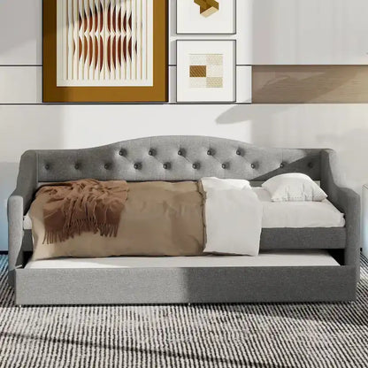 Lit de repos double XL tapissé beige/gris avec lit gigogne – 2 couchages