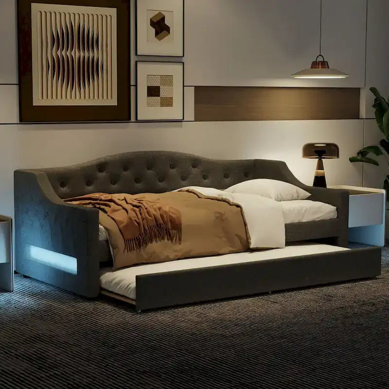 Lit de repos double XL tapissé beige/gris avec lit gigogne – 2 couchages