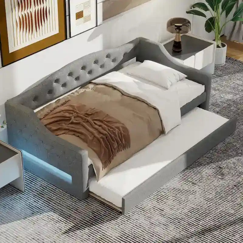 Lit de repos double XL tapissé beige/gris avec lit gigogne – 2 couchages