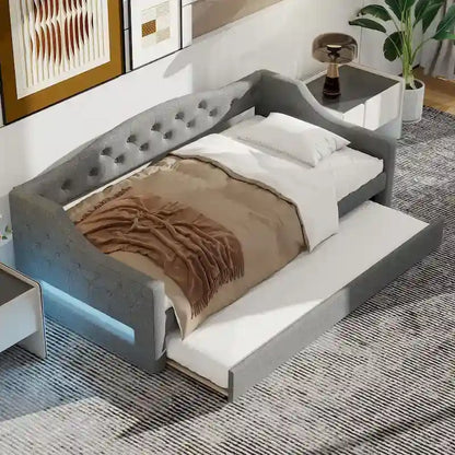 Lit de repos double XL tapissé beige/gris avec lit gigogne – 2 couchages
