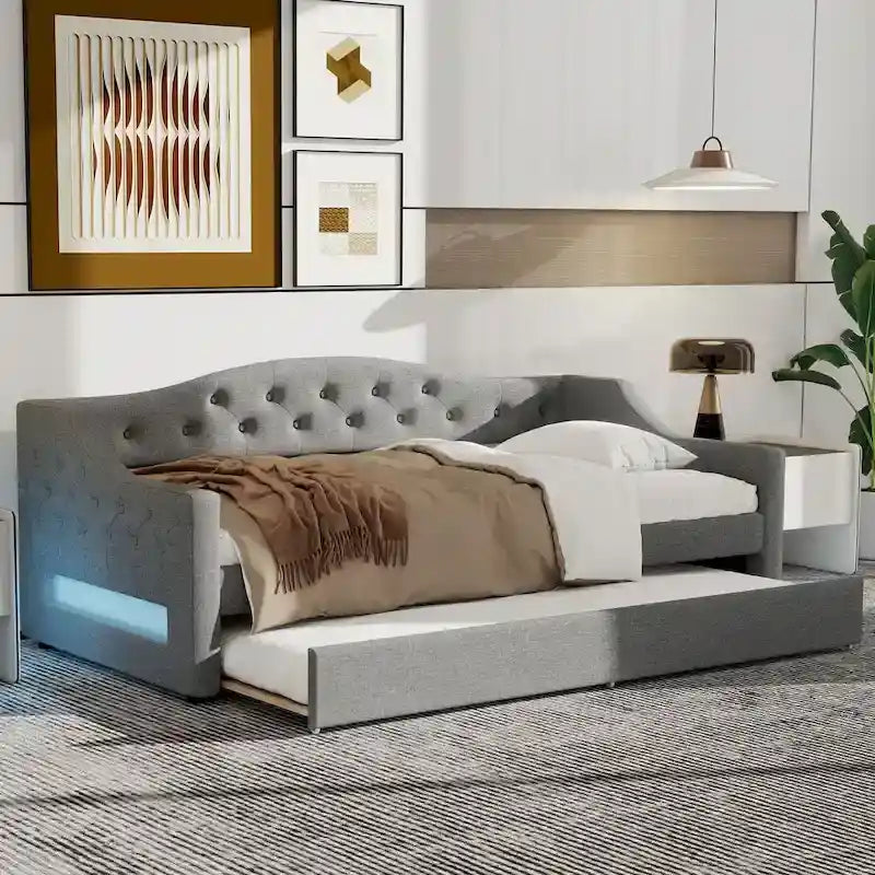 Lit de repos double XL tapissé beige/gris avec lit gigogne – 2 couchages