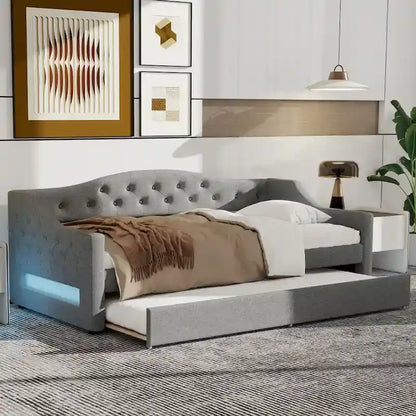 Lit de repos double XL tapissé beige/gris avec lit gigogne – 2 couchages