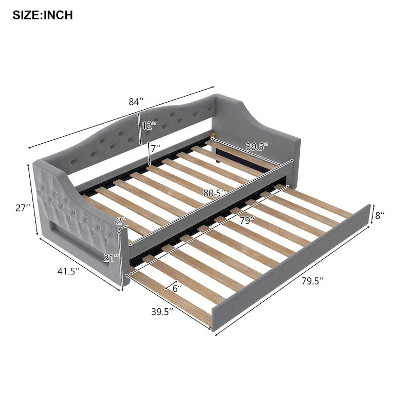 Lit de repos double XL tapissé beige/gris avec lit gigogne – 2 couchages