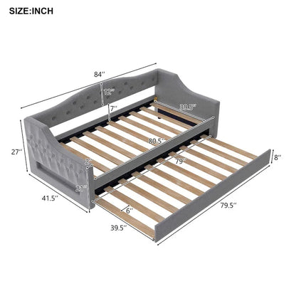 Lit de repos double XL tapissé beige/gris avec lit gigogne – 2 couchages