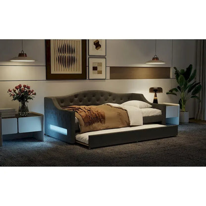 Lit de repos double XL tapissé beige/gris avec lit gigogne – 2 couchages