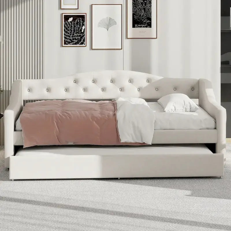 Lit de repos double XL tapissé beige/gris avec lit gigogne – 2 couchages