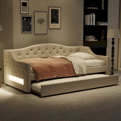 Lit de repos double XL tapissé beige/gris avec lit gigogne – 2 couchages