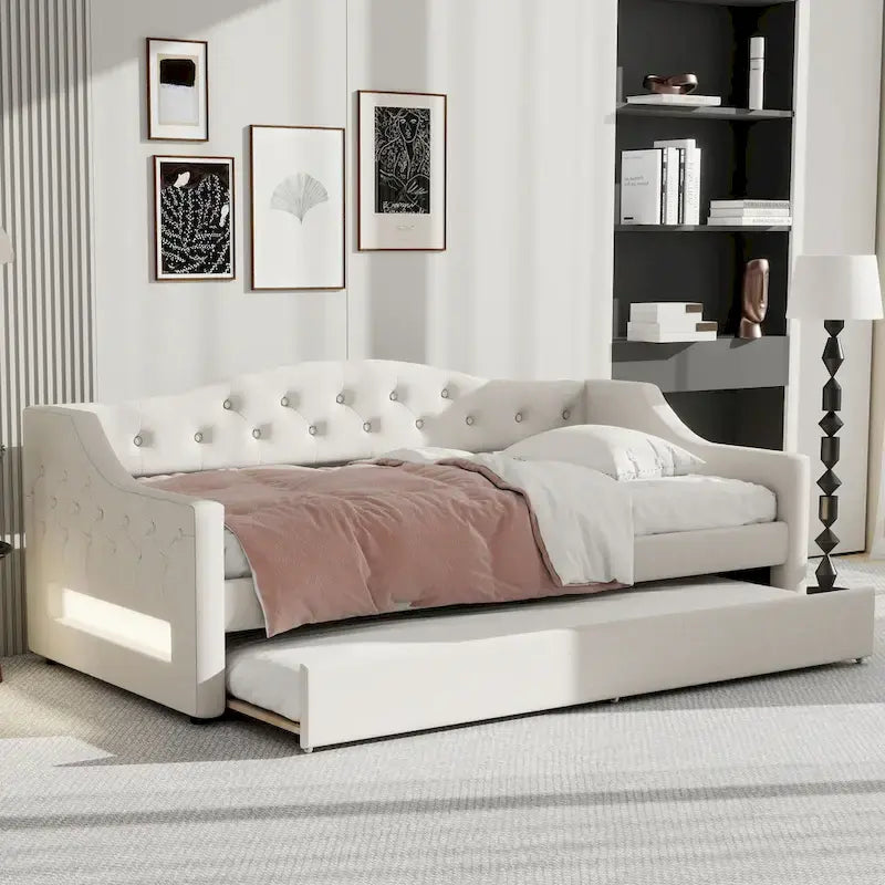 Lit de repos double XL tapissé beige/gris avec lit gigogne – 2 couchages