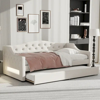 Lit de repos double XL tapissé beige/gris avec lit gigogne – 2 couchages