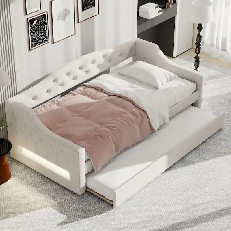 Lit de repos double XL tapissé beige/gris avec lit gigogne – 2 couchages