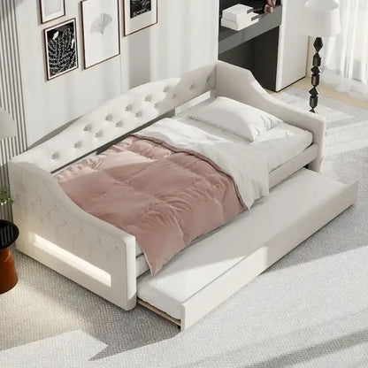 Lit de repos double XL tapissé beige/gris avec lit gigogne – 2 couchages