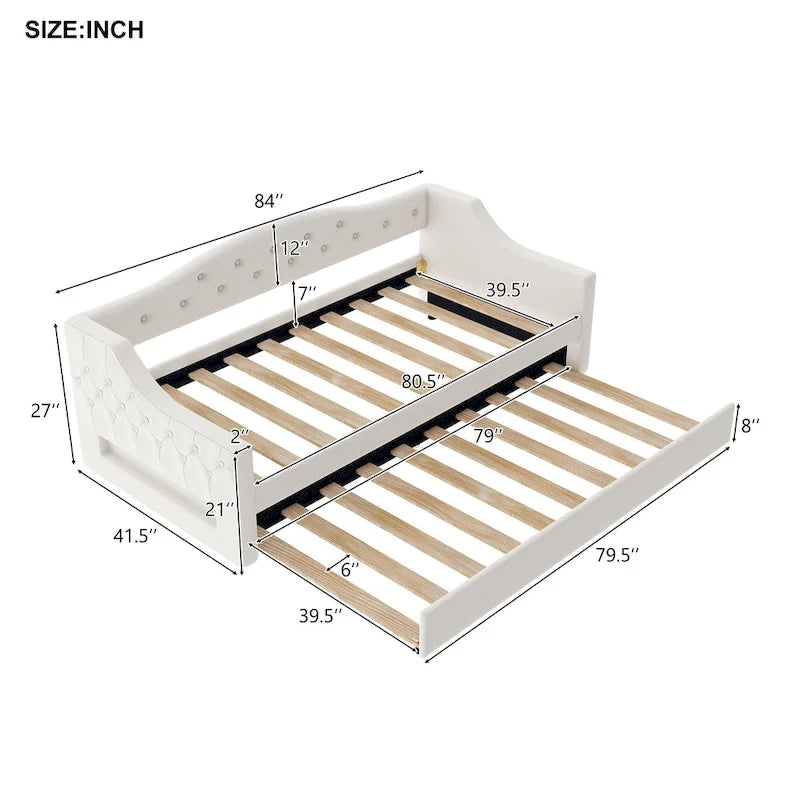 Lit de repos double XL tapissé beige/gris avec lit gigogne – 2 couchages
