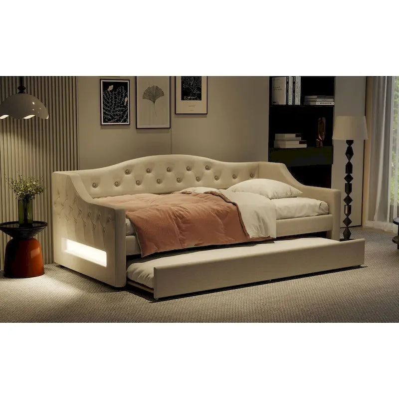 Lit de repos double XL tapissé beige/gris avec lit gigogne – 2 couchages