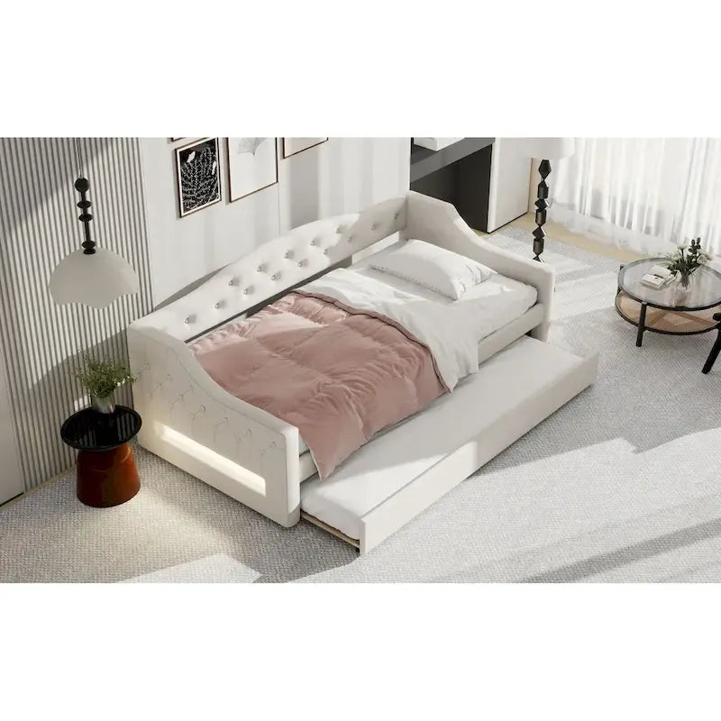 Lit de repos double XL tapissé beige/gris avec lit gigogne – 2 couchages