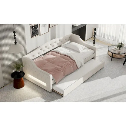 Lit de repos double XL tapissé beige/gris avec lit gigogne – 2 couchages