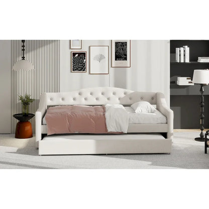 Lit de repos double XL tapissé beige/gris avec lit gigogne – 2 couchages