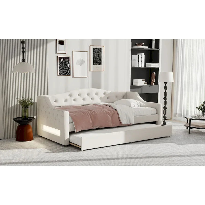 Lit de repos double XL tapissé beige/gris avec lit gigogne – 2 couchages