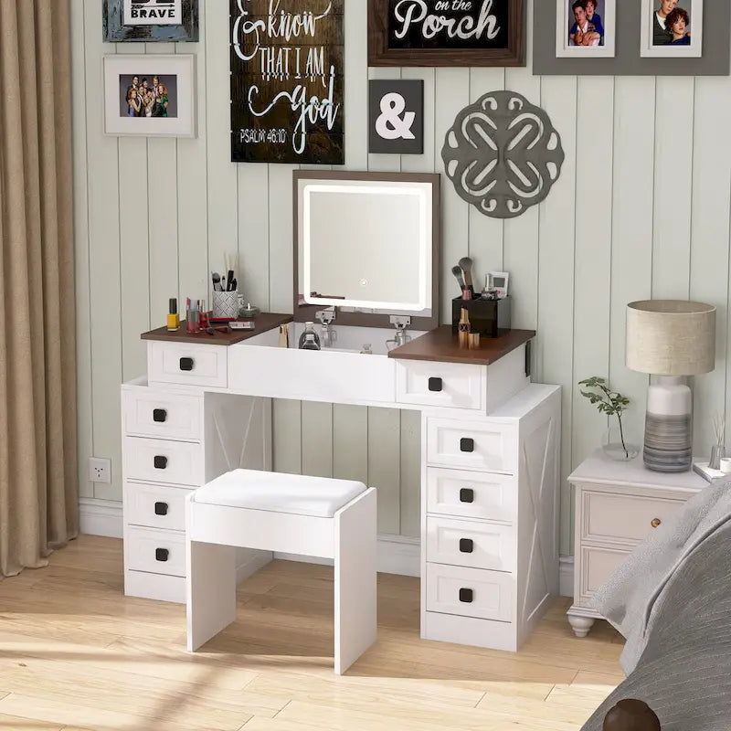 Coiffeuse en Noyer Blanc – Style Moderne, Miroir Rabattable, Lumière LED, pour 1 Personne