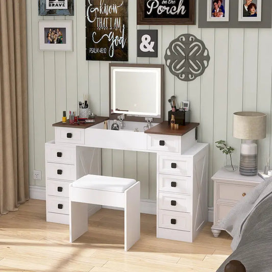 Coiffeuse en Noyer Blanc – Style Moderne, Miroir Rabattable, Lumière LED, pour 1 Personne