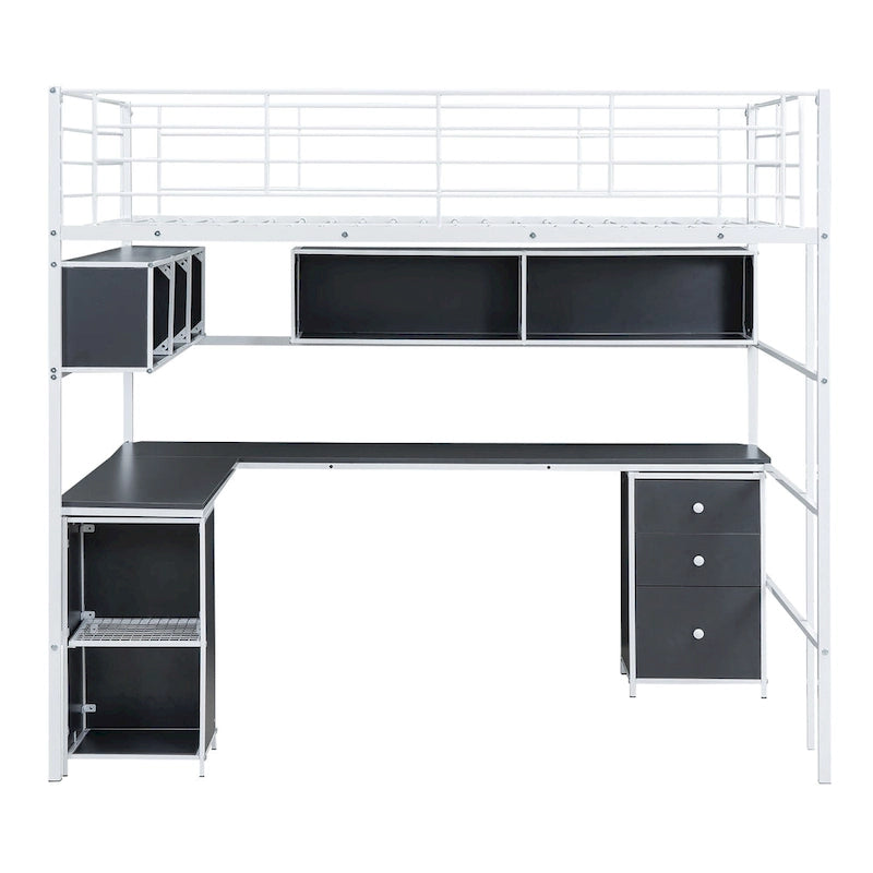 Lit mezzanine en métal pleine grandeur avec bureau en L, bibliothèque et armoire, blanc, 1 personne