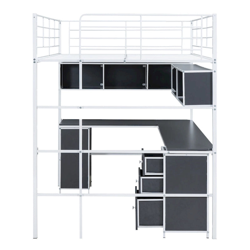 Lit mezzanine en métal pleine grandeur avec bureau en L, bibliothèque et armoire, blanc, 1 personne