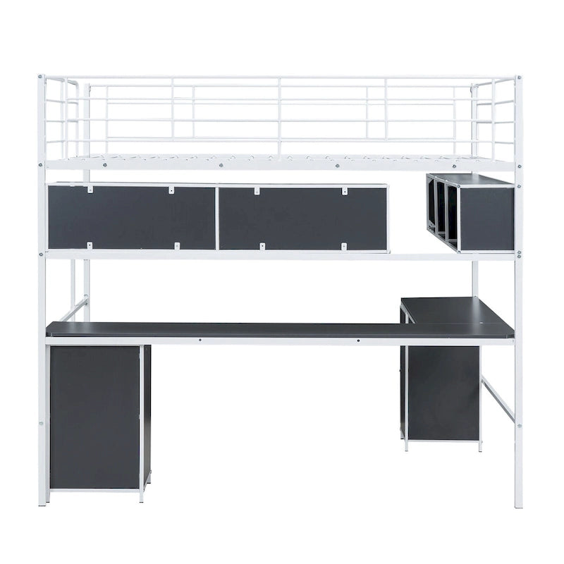 Lit mezzanine en métal pleine grandeur avec bureau en L, bibliothèque et armoire, blanc, 1 personne