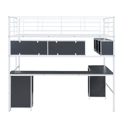 Lit mezzanine en métal pleine grandeur avec bureau en L, bibliothèque et armoire, blanc, 1 personne