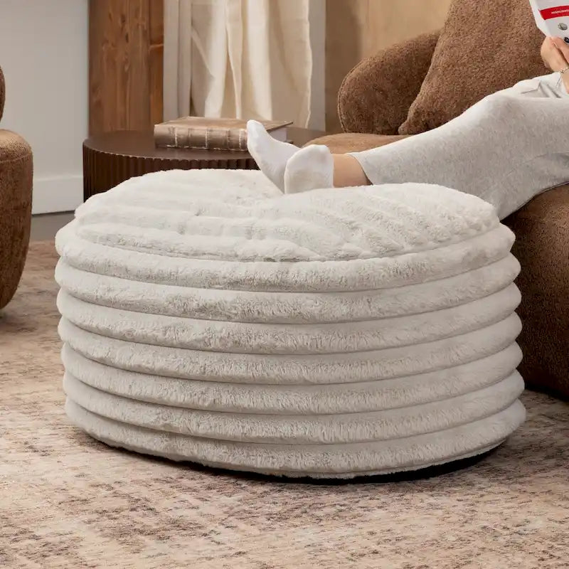 Pouf ottoman côtelé gris en fausse fourrure, rond/ovale, pour 1 personne