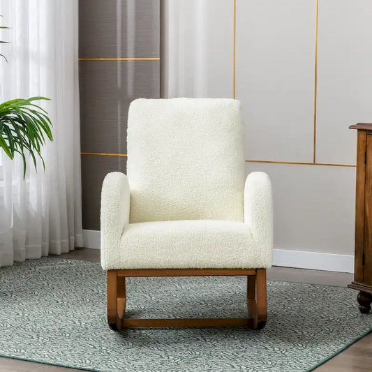 Fauteuil à bascule haut dossier en tissu teddy avec pochette latérale – Crème, 1 place