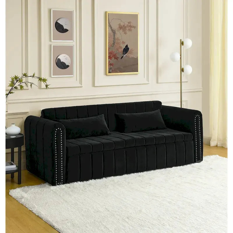 Canapé-lit convertible 3-en-1 avec accoudoirs roulés et clous en cuivre – Gris / Noir / Beige, 3 places