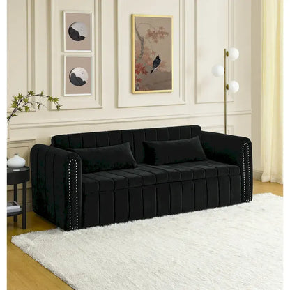 Canapé-lit convertible 3-en-1 avec accoudoirs roulés et clous en cuivre – Gris / Noir / Beige, 3 places