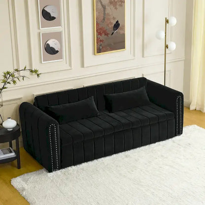 Canapé-lit convertible 3-en-1 avec accoudoirs roulés et clous en cuivre – Gris / Noir / Beige, 3 places