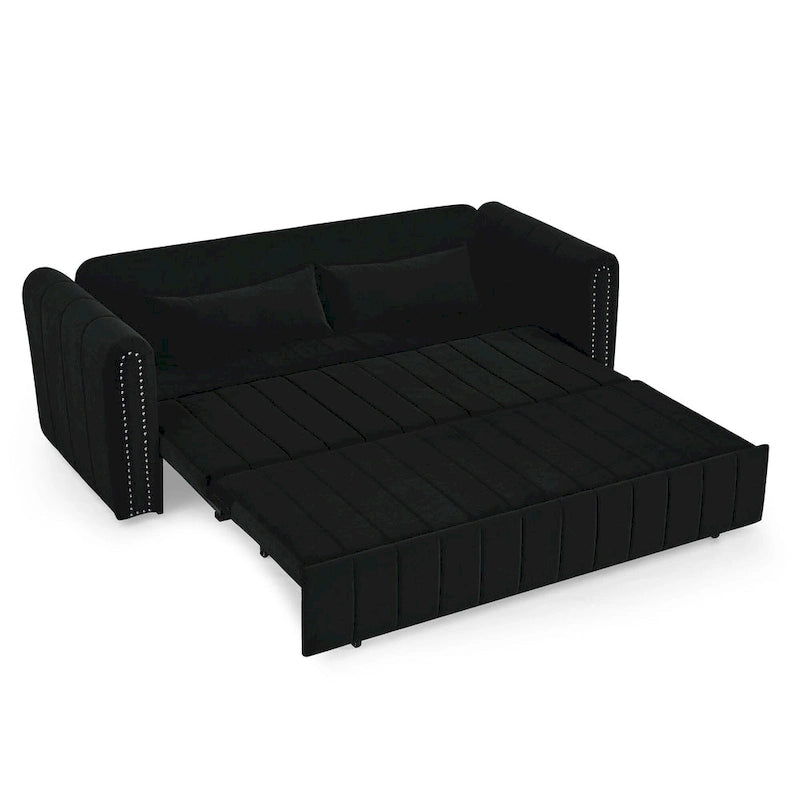 Canapé-lit convertible 3-en-1 avec accoudoirs roulés et clous en cuivre – Gris / Noir / Beige, 3 places