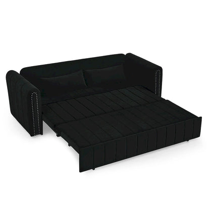 Canapé-lit convertible 3-en-1 avec accoudoirs roulés et clous en cuivre – Gris / Noir / Beige, 3 places