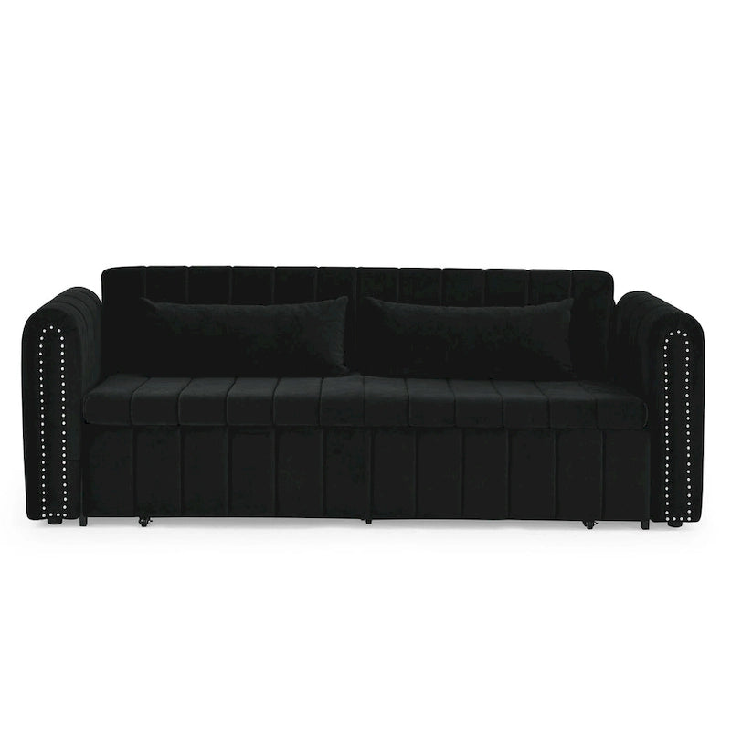 Canapé-lit convertible 3-en-1 avec accoudoirs roulés et clous en cuivre – Gris / Noir / Beige, 3 places