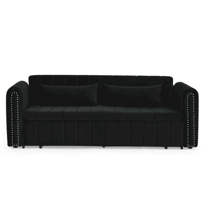 Canapé-lit convertible 3-en-1 avec accoudoirs roulés et clous en cuivre – Gris / Noir / Beige, 3 places