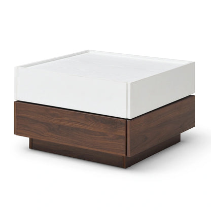 Table basse moderne à plateau coulissant avec rangement – Blanc et noyer | Montage à 1 ou 2 personnes